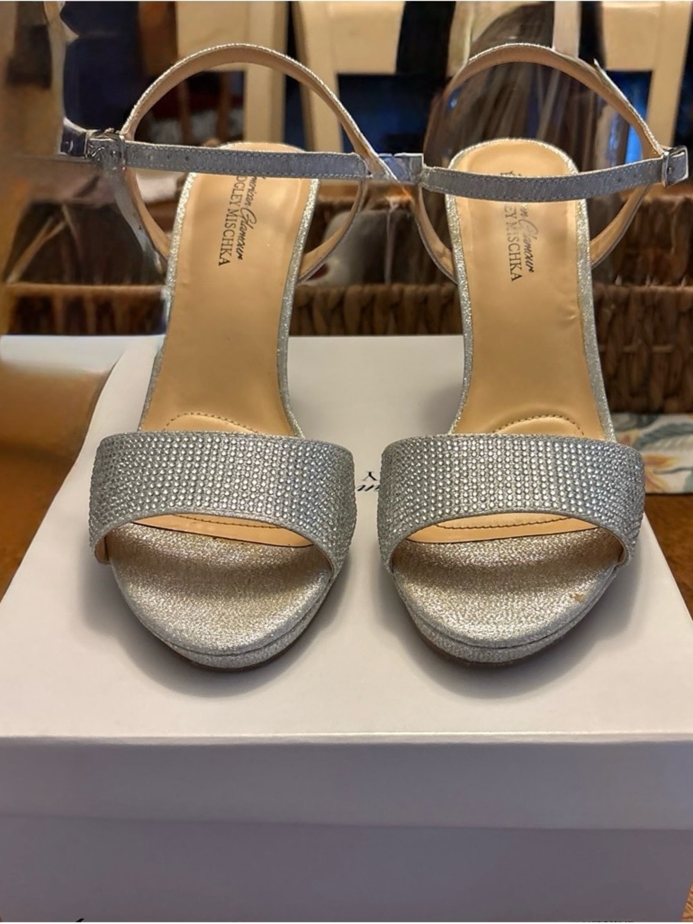 Badgley Mischka Silver Crystal-Embellished Ankle-Strap Heels
